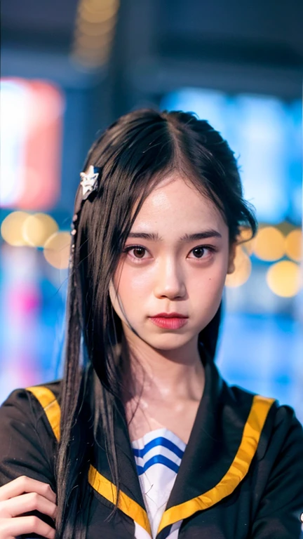 best quality, ultra high res, (photorealistic:1.4), 1girl, the girl wearing black sailor uniform, night, shibuya 109 background, shibuya, city light, cinematic lighting, 80s filter, detailed face , looking at viewer, front view, idol