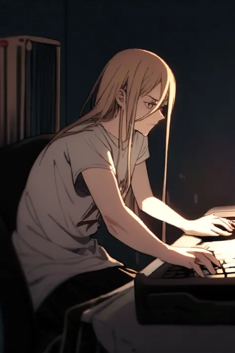 A Power,sitting on a chair,playing on a PC,wearing a shirt written, Harl,in the middle .