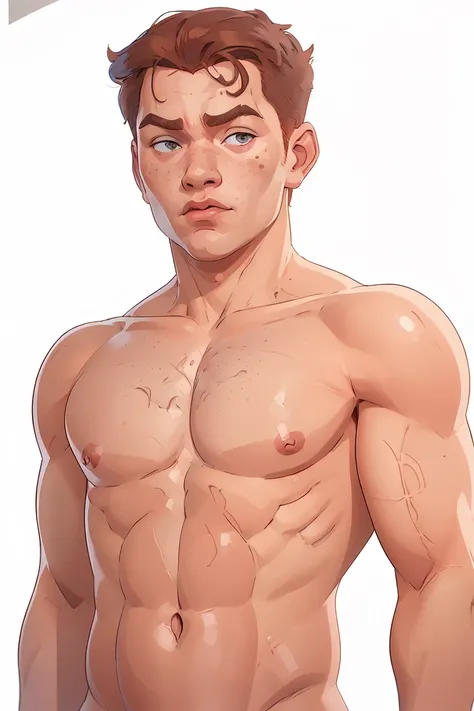 Slightly overweight young Conan OBrien, (Conan OBrien), (slight overweight), 1guy, realistic, 4k, highly detailed, freckles, 4k, ((((nude)))), ((((((upper body portrait)))))), ((plain white background))