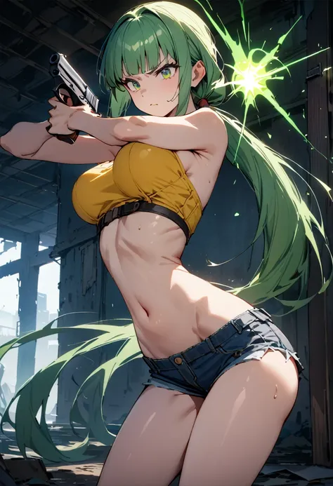 Action Scenes、((masterpiece,Highest quality:1.3)),cowboy shot,1woman,30 year old beauty、Investigator、独奏,(very small head:1.3),green hair,(low ponytail),long hair,blunt bangs,green eyes,gorgeous eyes,Serious expression、medium breasts,(very long body:1.2),(t...