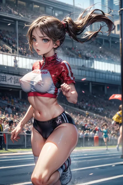 Photo of a 20 year old woman, Perfect Face, masterpiece, good, Sports bra,Racing Bloomers、good,  Dynamic Perspective、Run at full speed、Sweat flying、Serious face、Run towards the viewer、Track and Field、Nipple swelling、Pussy Cameltoe