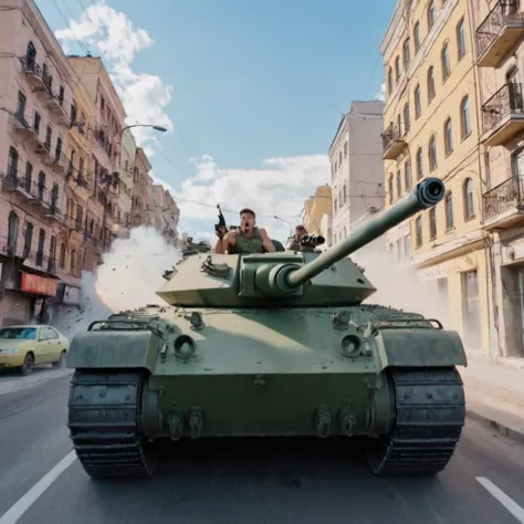 a guy sitting in a car, a guy in shock, the car turns into a tank, a tank drives through the city