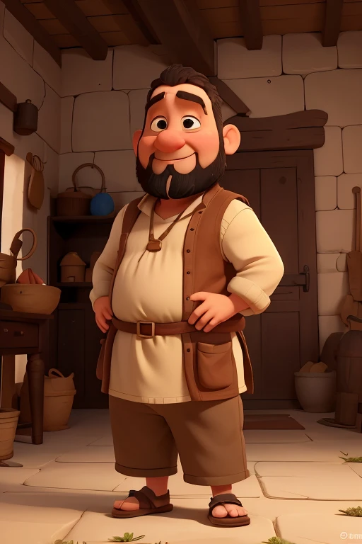 Cartoon character who was a little fat, bald, bearded, poor, big and droopy nose, big eyes, wearing a tunic, take off his pants, take off and increase the length of the tunic, making it reach his feet (older clothes) wearing sandals, inside of a big hole i...