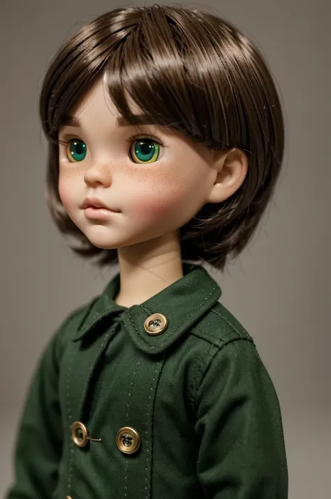 blythe doll boy with light skin, green eyes, with light freckles, with short dark brown hair in the mod cut style, that has the ends of the hair outwards