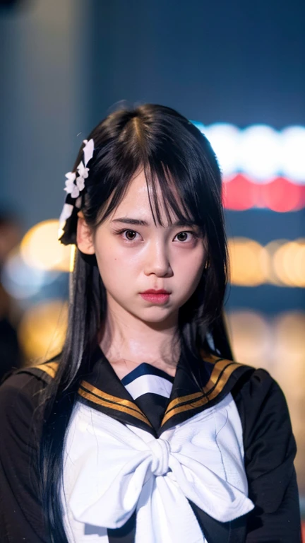 Masterpiece, best quality, ultra high res, realistic, (photorealistic:1.4), photography, rule of third, 1girl, (the girl wearing black sailor uniform), night, city light, cinematic lighting, 80s filter, detailed face , looking at viewer, front view, idol