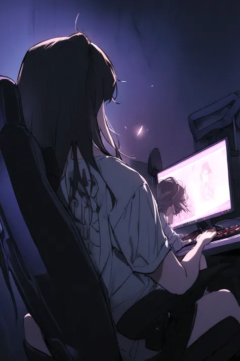 A Power,Sitting on a gaming chair,playing on a PC,wearing a shirt written, Harl,in the middle.