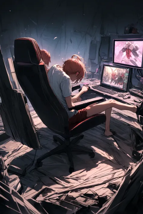 a power,sitting on a gaming chair,playing on a pc,wearing a shirt written, harl,in the middle.