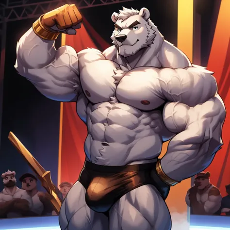 solo, 1boy, Huge White Muscular Polar Bear wearing glasses, huge white fur, pectoral, huge pectoral, wide pectoral, huge white fur, short white hair, blue competitive briefs, shirtless topless, bearded white, 
White Mustache, bodybuilding competition stage...