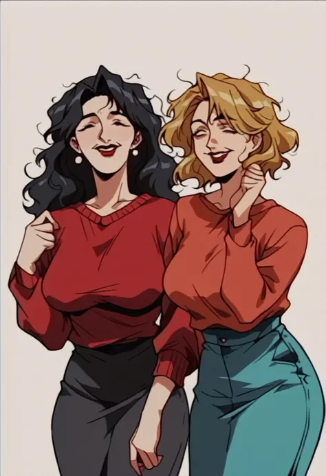 2 woman, 1 beautyful mature woman, blonde wavy hair, encorped body, red lipstick, whole body red sweater, milf, large breasts, huging with 1 beautyful woman, black hair, messy hair, black sweater, black lipstick, smile