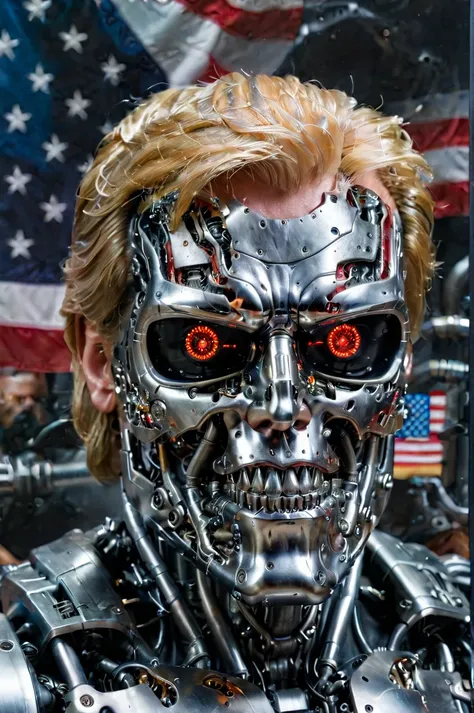 donald trump terminator with half a robotic face, looking at the camera, focused photo, amazing quality, masterpiece, best quali...