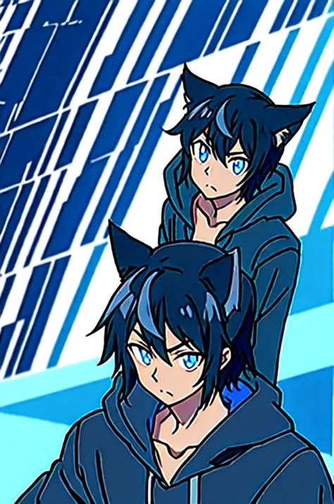 black haired anime black boy with cat ears,black hoodie ,blue colored eyes 