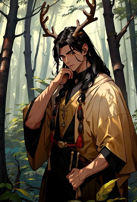 a black haired trible man with a deer skull over his head in the woods