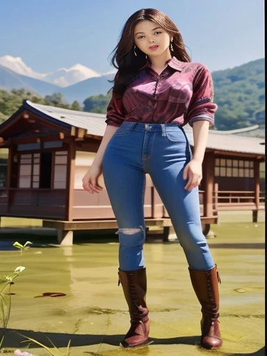 a close up of a woman in jeans and boots standing in water, Thin waist and thick hips, kawaii shirt and jeans, ( ( ( wearing jeans ) ) ), สไตล์Casual clothes, blue jeans. untrue,Korean female fashion model, jeans, เซี่ยนเซี่ย plaid shirt, plaid shirt, Put ...