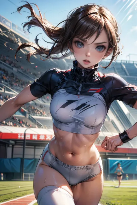 Photo of a 20 year old woman, Perfect Face, masterpiece, good, Sports bra,Racing Bloomers、good,  Dynamic Perspective、Run at full speed、Sweat flying、Serious face、Run towards the viewer、Track and Field、