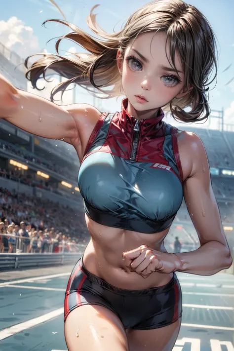 Photo of a 20 year old woman, Perfect Face, masterpiece, good, Sports bra,Racing Bloomers、good,  Dynamic Perspective、Run at full speed、Sweat flying、Serious face、Run towards the viewer、Track and Field、