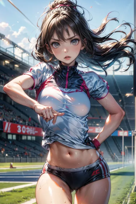 Photo of a 20 year old woman, Perfect Face, masterpiece, good, Sports bra,Racing Bloomers、good,  Dynamic Perspective、Run at full speed、Sweat flying、Serious face、Run towards the viewer、Track and Field、