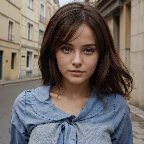 une femme brune, 25 ans toute mignonne et sexy (réaliste), (hyperréalisme), (photoréaliste), profondeur de champ, rayon de soleil cheveux au vent, décolté vue entiere de la fille Maquillage pour les yeux:0.5, (Taille fine:0.7), Regarder le spectateur, tenu...