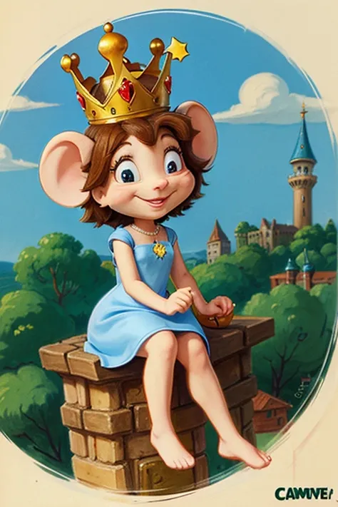  Draw a Mouse sitting on a tower., with a crown on his head, with a dress. ( Cartoon, Cartoon)( tom and jerry style)