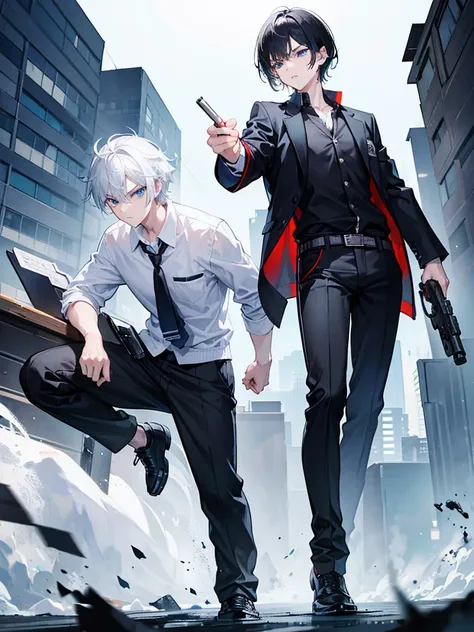 Boy, Black hair, serious face, student clothes, psycho power, messy white hair, holding a gun, blue eyes, black pants, black shoe, short hair, aiming gun, 