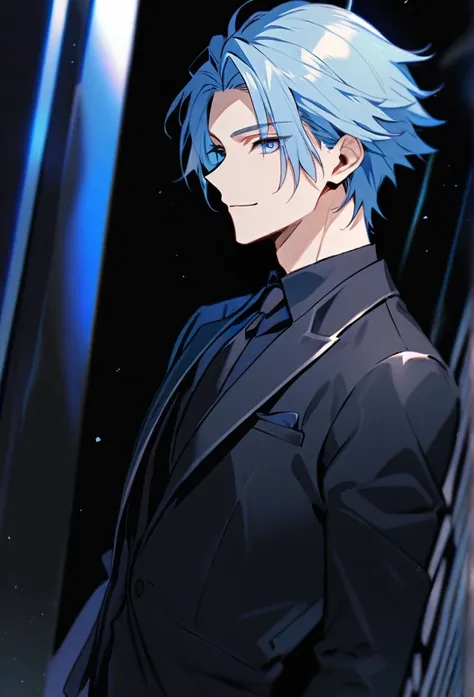 Handsome, solo, 1 man, light blue hair, dark blue eyes, side smile, 28 years old youn man, black uniform suit