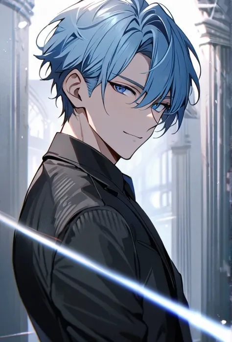 Handsome, solo, 1 man, light blue hair, dark blue eyes, side smile, 28 years old youn man, black uniform suit