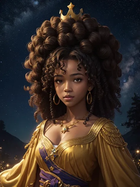 Afro-descendant female character with curly hair, golden crown on your head and starry sky