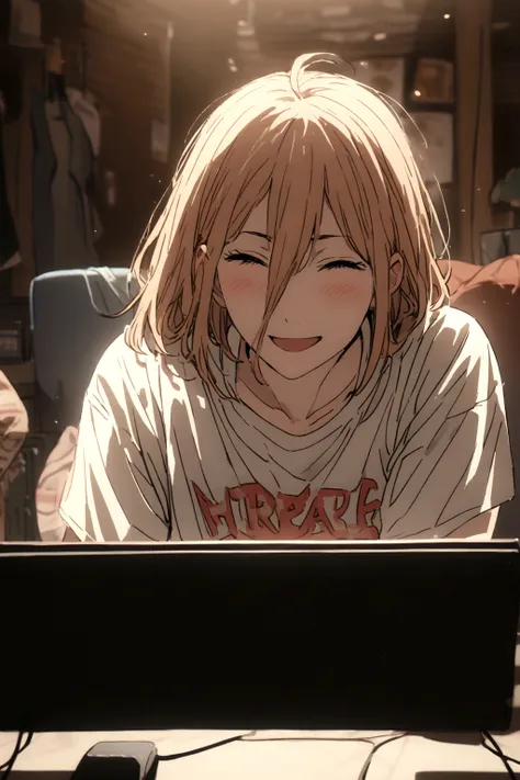 a power,playing on a pc,all happy and cheerful,wearing a shirt written, harl,in the middle, of the shirt.