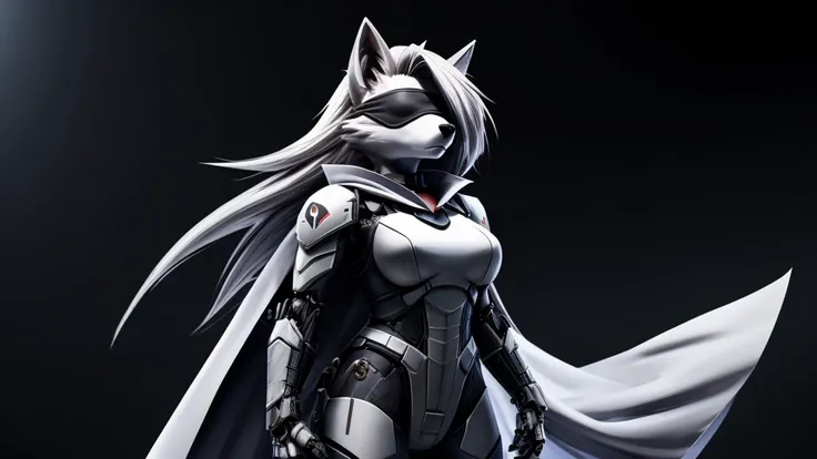 Loona from Helluva Boss, female white wolf, anthro, short white hair, blindfold, white modern armored combat suit, white mechanical cape, standing, serious, clear background, dark lighting, detailed, solo, beautiful, high quality, 4K