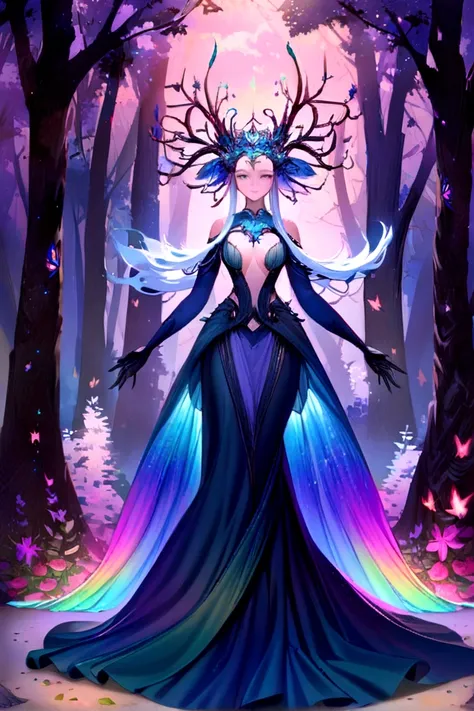 (best quality,highres,ultra-detailed),female with glowing teal eyes,rainbow colored hair,casting glowing spells,mystical forest,witch,goddess,medium:oil painting,beautiful detailed lips,dark and mysterious atmosphere,flowing gown,ethereal light,sorcery and...