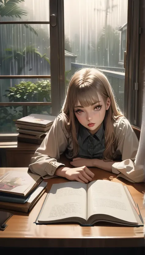 a girl studying at a desk, rain in the window, cute clothes, cozy ambiance, (best quality,4k,8k,highres,masterpiece:1.2),ultra-detailed,(realistic,photorealistic,photo-realistic:1.37),detailed face, beautiful detailed eyes, beautiful detailed lips, extreme...