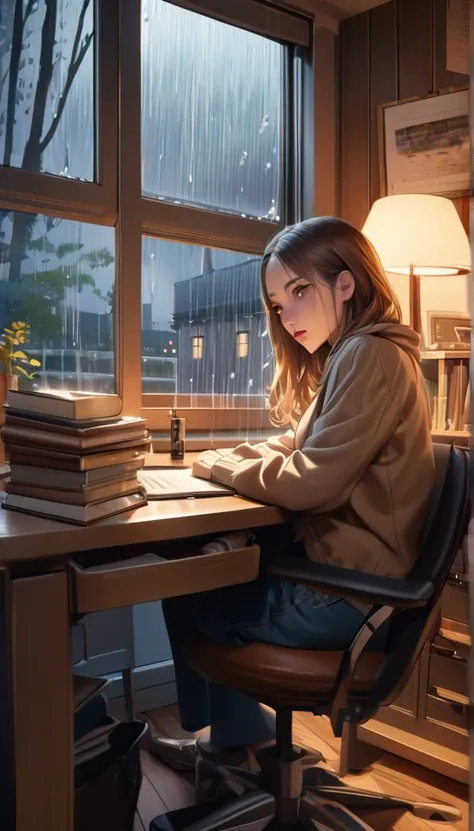 a girl studying at a desk, rain in the window, cute clothes, cozy ambiance, (best quality,4k,8k,highres,masterpiece:1.2),ultra-detailed,(realistic,photorealistic,photo-realistic:1.37),detailed face, beautiful detailed eyes, beautiful detailed lips, extreme...