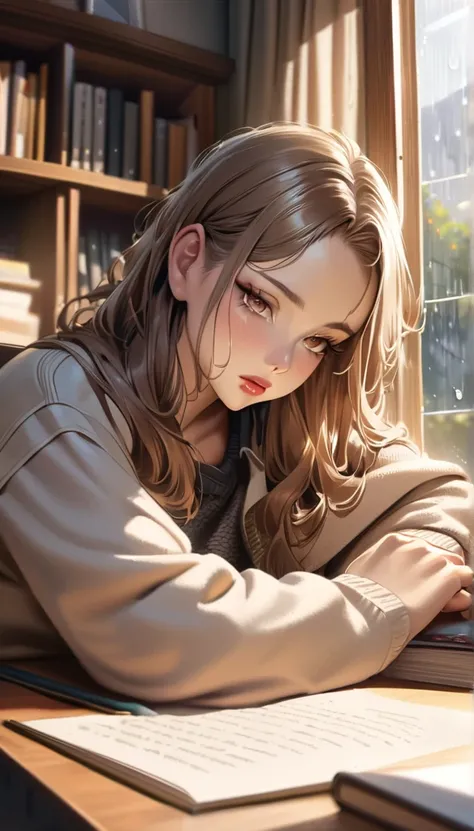 a girl studying at a desk, rain in the window, cute clothes, cozy ambiance, (best quality,4k,8k,highres,masterpiece:1.2),ultra-detailed,(realistic,photorealistic,photo-realistic:1.37),detailed face, beautiful detailed eyes, beautiful detailed lips, extreme...