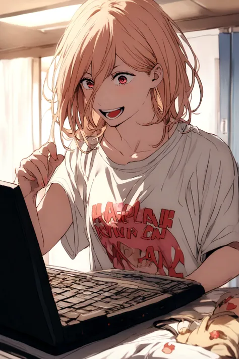 A Power,playing on a PC,all happy and cheerful,wearing a shirt written, Harl,in the middle, of the shirt.