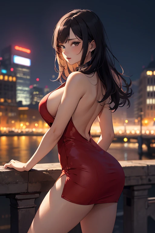 masterpiece, best quality, shadows, perfect hands, perfect legs, perfect anatomy, pretty face, mature features, front view, looking at viewer, 1 girl, 21 years old, mature woman, sexy red dress, city night background, white long hair, thighs, ass, breast, ...