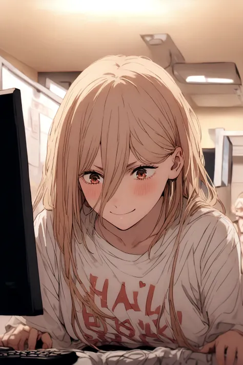 A Power,playing on a PC,all happy ,wearing a shirt written, Harl,in the middle, of the shirt.