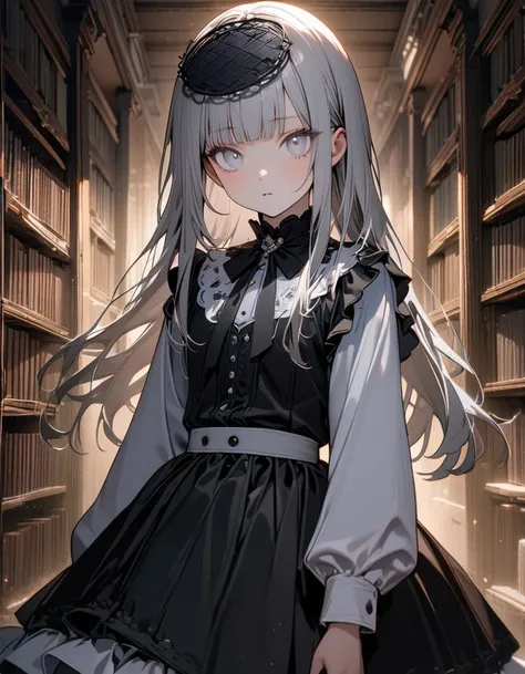 (8K, best quality, master piece: 1.2), super high resolution,1 girl,独奏,16yo,ultra-detailed face,detailed eyes,silver eyes,Three white eyes,blunt bangs,silver hair,Straight Hair,Long Hair,long sleeve petal collar blouse,black Fascinator,Tiered skirt,express...