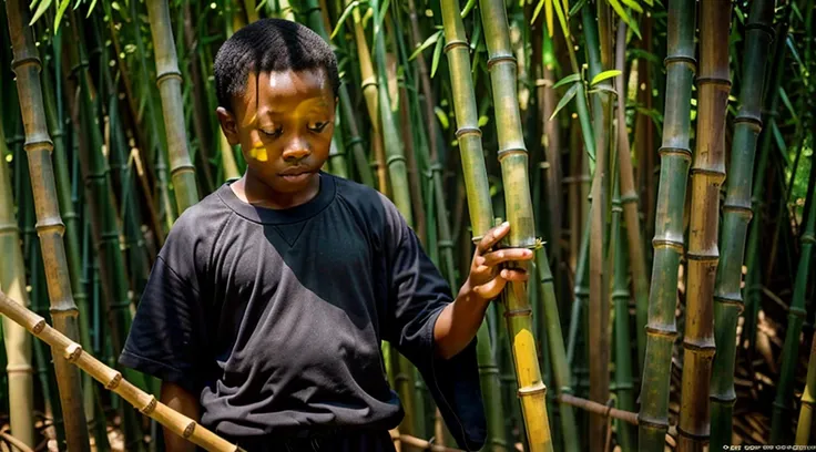 Image of a black teenager, 12 years old - wearing a dark gray long-sleeved shirt, short curly hair - long pants, straw sandals - stretching on a mat made of bamboo leaves - wakes up startled by, looking in profile at the bamboo grove, image of the bamboo g...