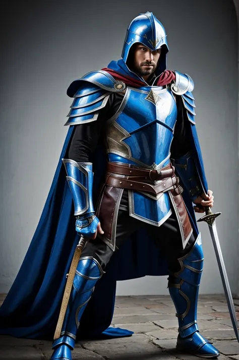 Warrior with blue armor and cape, on his knees leaning on his back sword