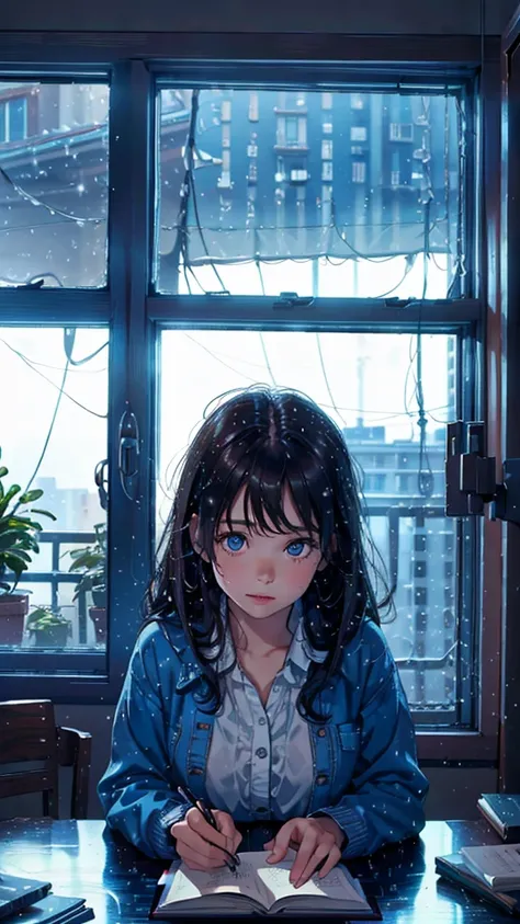 a girl studying at a desk, rain in the window, cute clothes, cozy ambiance, (best quality,4k,8k,highres,masterpiece:1.2),ultra-detailed,(realistic,photorealistic,photo-realistic:1.37),detailed face, beautiful detailed eyes, beautiful detailed lips, extreme...