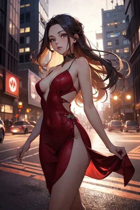 masterpiece, best quality, shadows, perfect hands, perfect legs, perfect anatomy, pretty face, mature features, front view, looking at viewer, 1 girl, 21 years old, mature woman, sexy red dress, city night background, white long hair, seductive, spicy, pos...