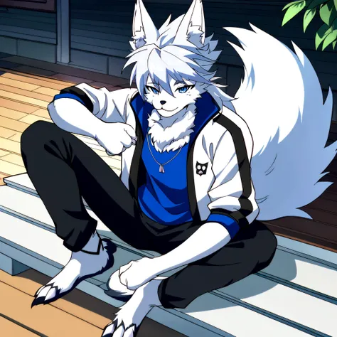 Anime boy with white hair and black pants sitting on a bench., handsome anime pose, male anime character, Yee Chong Silver Fox, Male anime style, white fur fox, tall anime boy with blue eyes, an anthro wolf, anthropomorphic wolf male, furry wolf, anime whi...