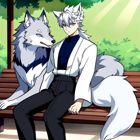 Anime boy with white hair and black pants sitting on a bench., handsome anime pose, male anime character, Yee Chong Silver Fox, Male anime style, white fur fox, tall anime boy with blue eyes, an anthro wolf, anthropomorphic wolf male, furry wolf, anime whi...