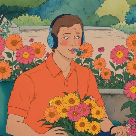 guy sits and listens to flowers flowers with eyes and mouth flowers talk