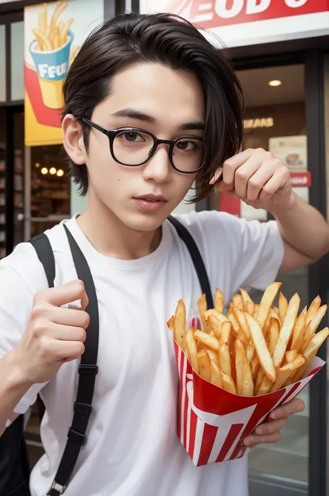 A new character playfully holding french fries and hamburger with his hands