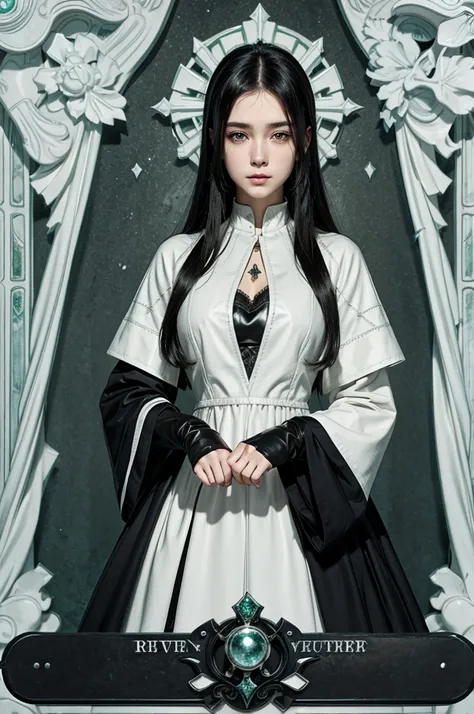 Woman with straight black hair, blue colored eyes, Medieval white and black leather clothing with a green stone in the middle of the chest detail of the clothing, beautiful calm serene face, arte genshi impact  anime 