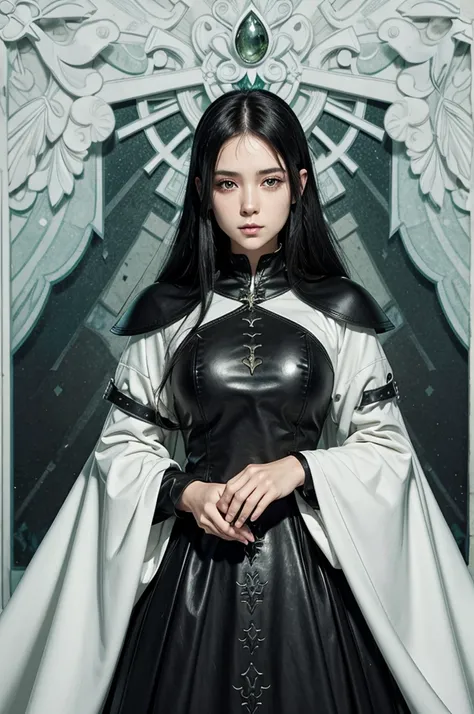 Woman with straight black hair, blue colored eyes, Medieval white and black leather clothing with a green stone in the middle of the chest detail of the clothing, beautiful calm serene face, arte genshi impact  anime 