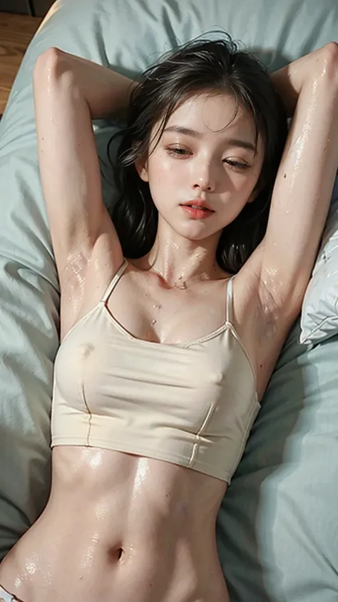 (wet:1.2), sleeping closed eyes, ideal , armpit, camisole, abs stomach, in bed