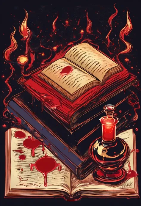 An illustration of an open magic book，emitting red light，There are many retro magic books and several colorful potion bottles on the floor in front of the magic books, bloodstains.，Studying a magic book，depuration、An atmosphere full of black magic，darkness...