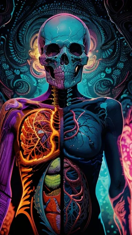 "Create an illustration of a human body highlighting the internal organs, with a skull face. The image must have a psychedelic style, with vibrant colors and abstract patterns that emphasize the complexity and flow of veins and arteries. The overall atmosp...