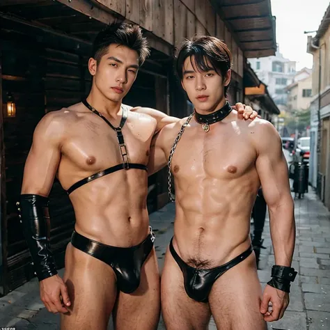 two men in leather underwear standing next to each other on a street, roberto ferri and ruan jia, black leather harness, 2 muscular attractive men, muscular men entwined together, alessio albi and shin jeongho, two muscular men entwined, gay, hard rubber c...